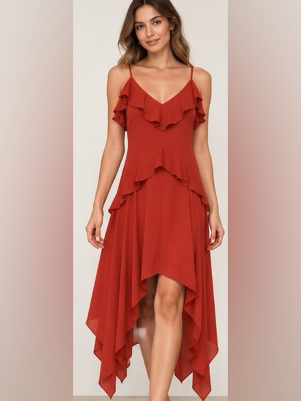 BCBGMAXAZRIA Lissa Asymmetrical Ruffle Slip Dress Rust Red XS
